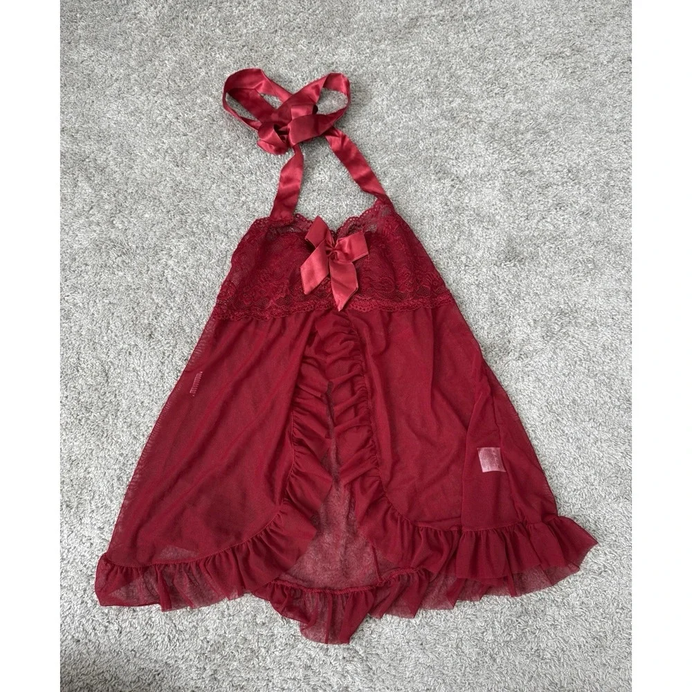 Women's Red Sexy‎ Babydoll Lingerie Valentines Day Dark Whimsigoth Bow Halter L